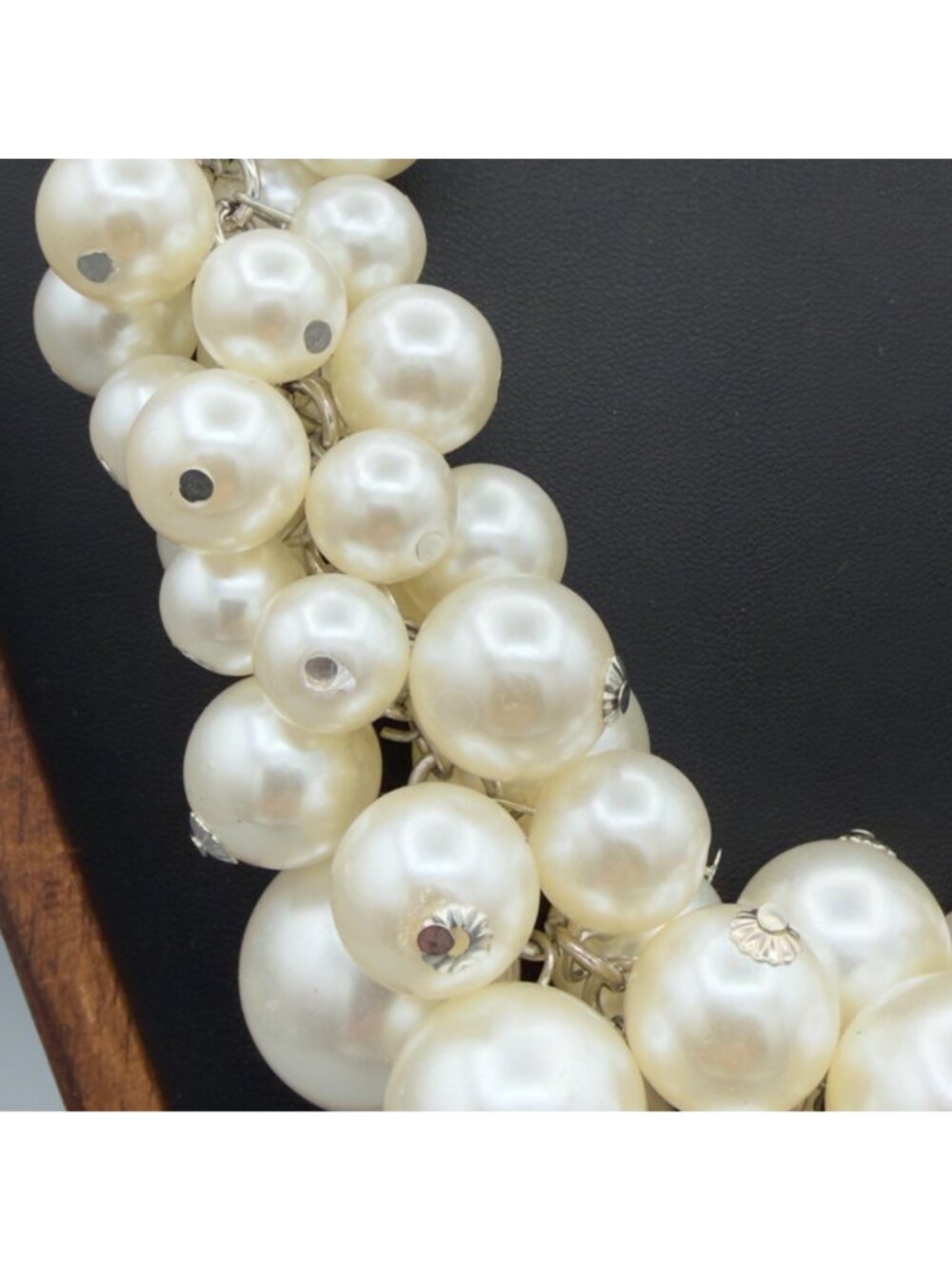 Faux Pearl Bib Necklace Chunky Bubble Cluster Statement Collar Silver Tone 16" - Picture 2 of 9